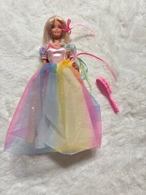 Vintage Barbie Rainbow Tulle Dress Doll with Pink Brush